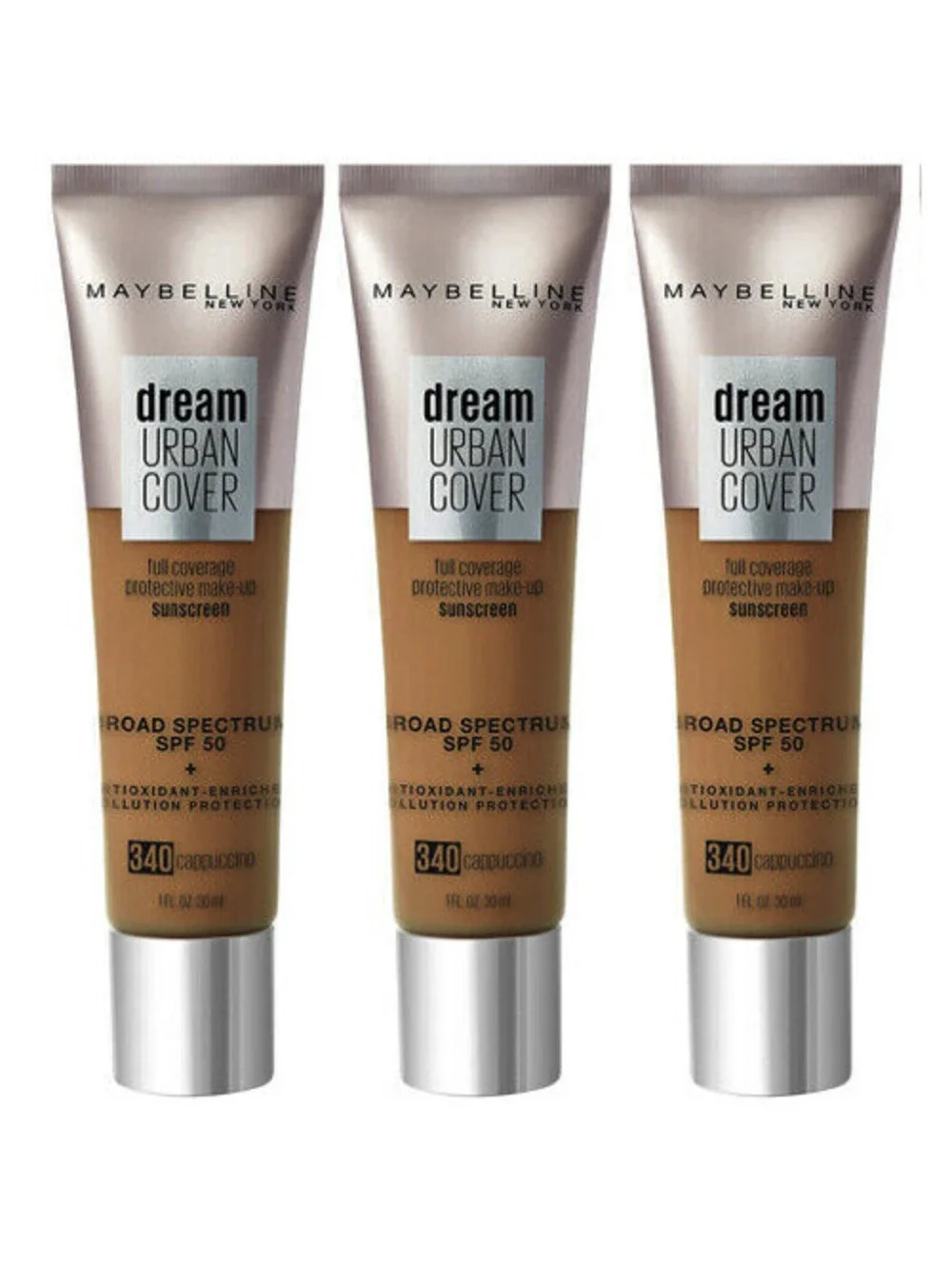 3-Pack NEW Maybelline Dream Urban Cover Flawless Foundation in 340 Cappuccino